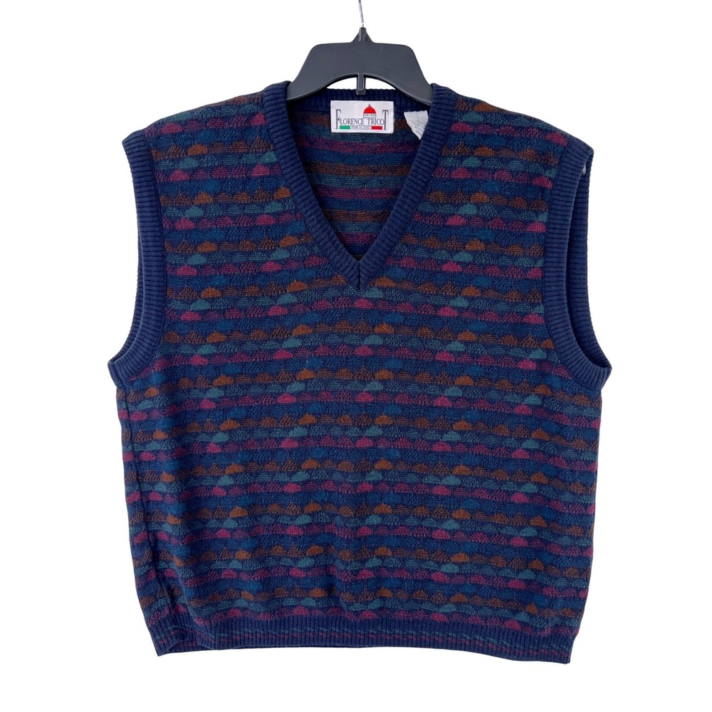 Florence Tricot Sweater Vest Mens L Geometric Wool Blend Italy‎ Preppy Academic